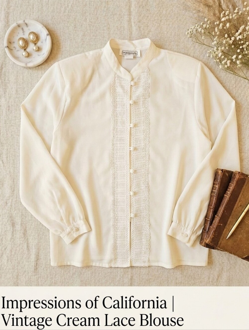 Impressions VTG 80's USA Cream Lace Trim Blouse Button Up Mandarin Collar Shirt